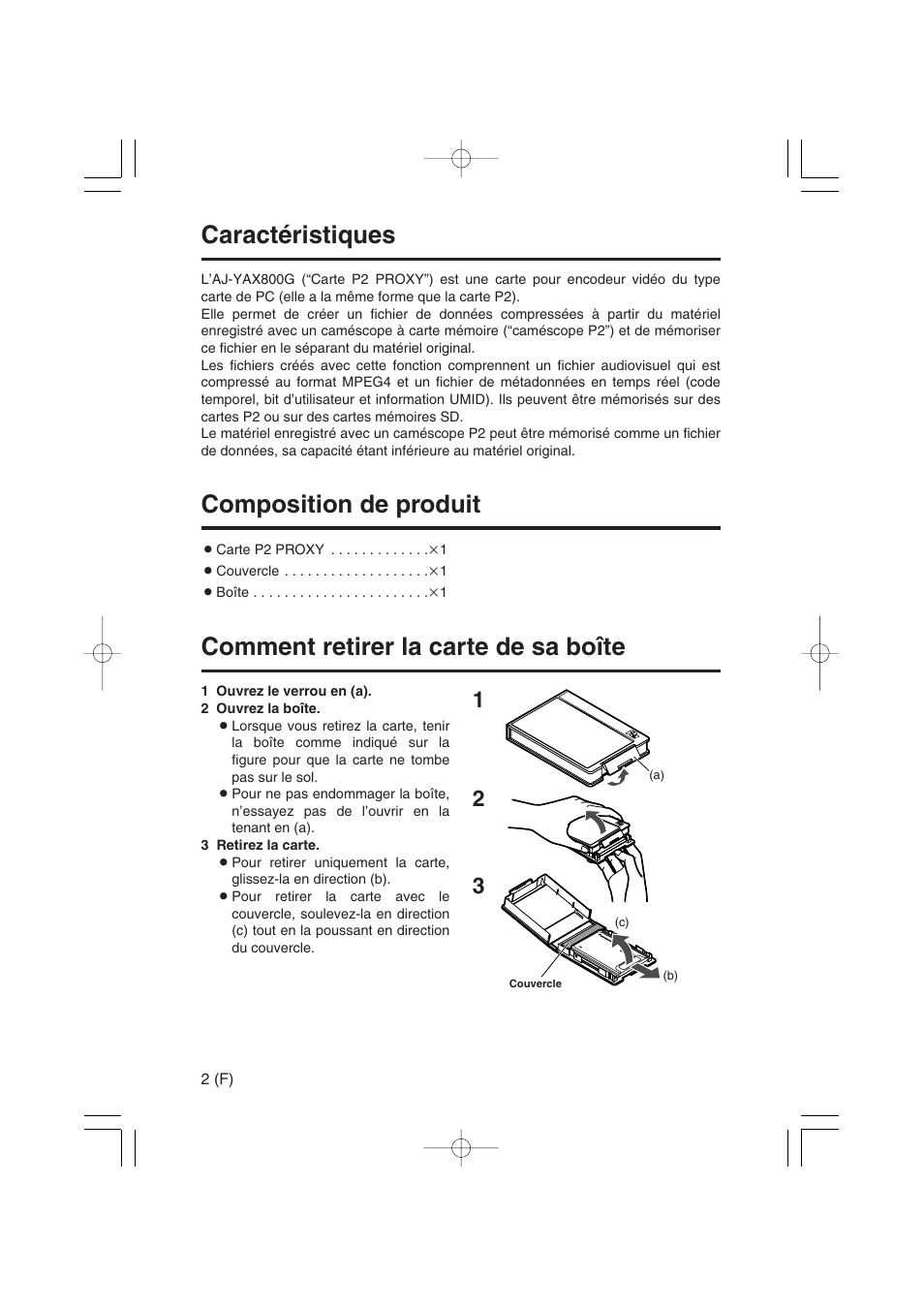 Caractéristiques, Composition de produit, Comment retirer la carte de sa boîte | Panasonic AJ-YAX800 User Manual | Page 30 / 104