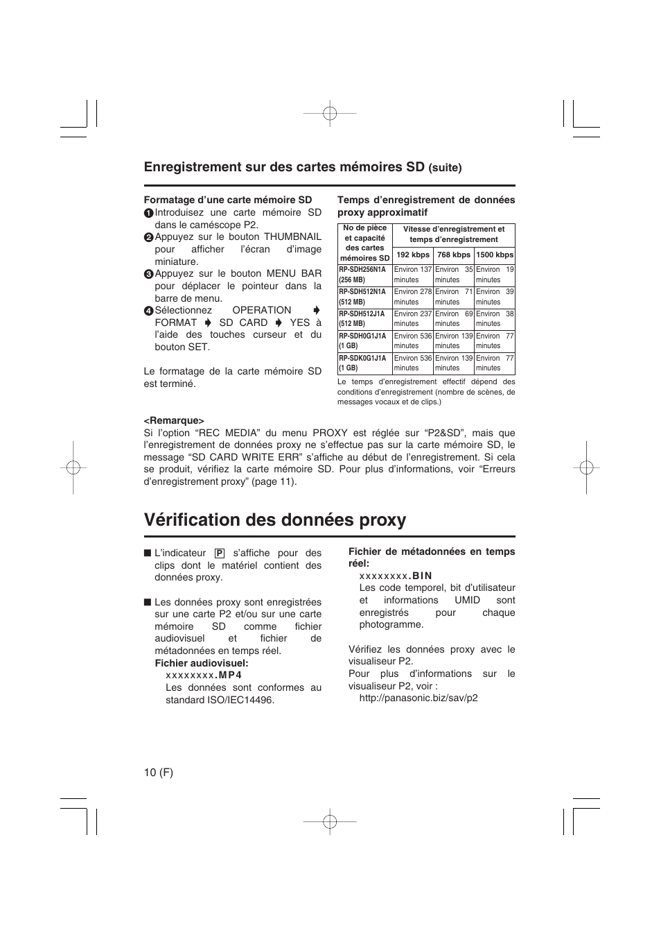 Vérification des données proxy, Enregistrement sur des cartes mémoires sd | Panasonic AJ-YAX800 User Manual | Page 38 / 104