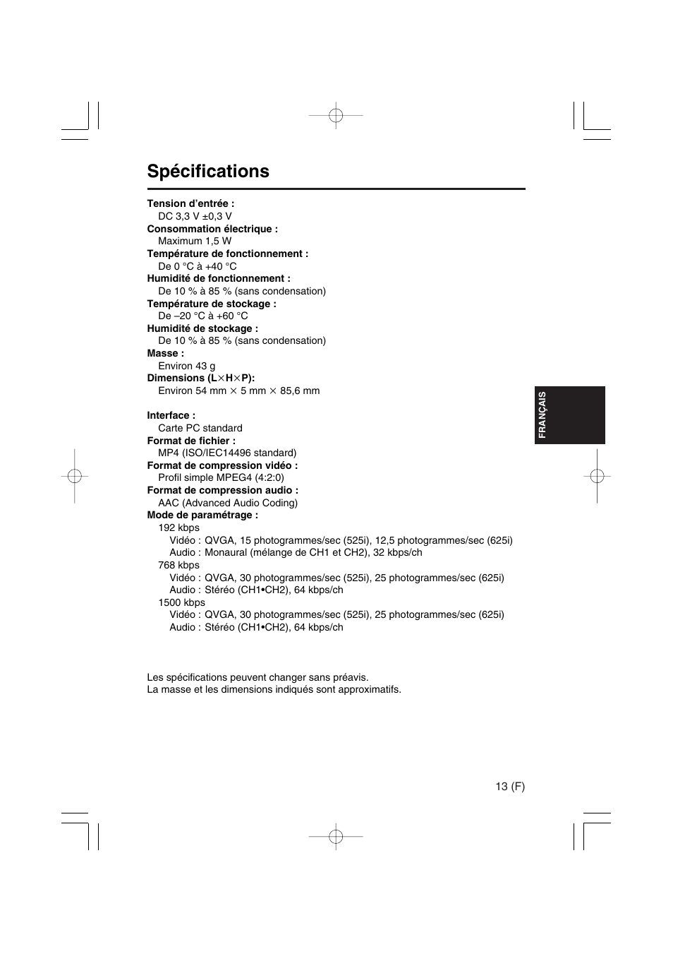 Spécifications | Panasonic AJ-YAX800 User Manual | Page 41 / 104