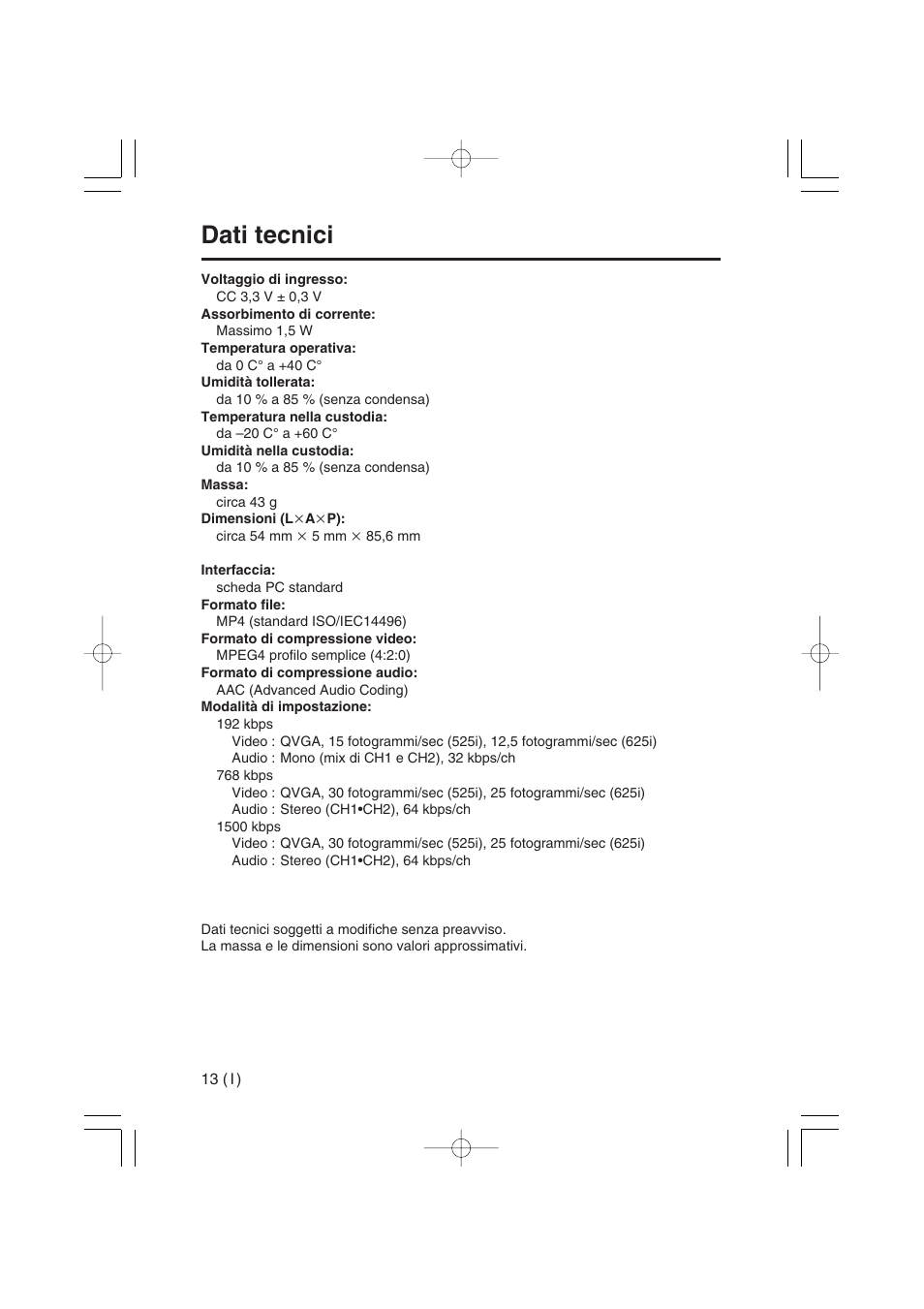 Dati tecnici | Panasonic AJ-YAX800 User Manual | Page 54 / 104