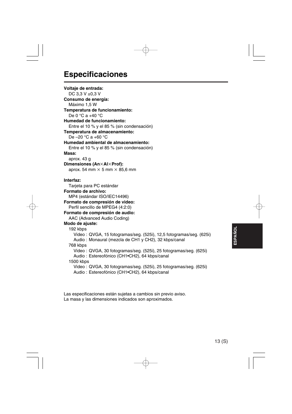 Especificaciones | Panasonic AJ-YAX800 User Manual | Page 67 / 104