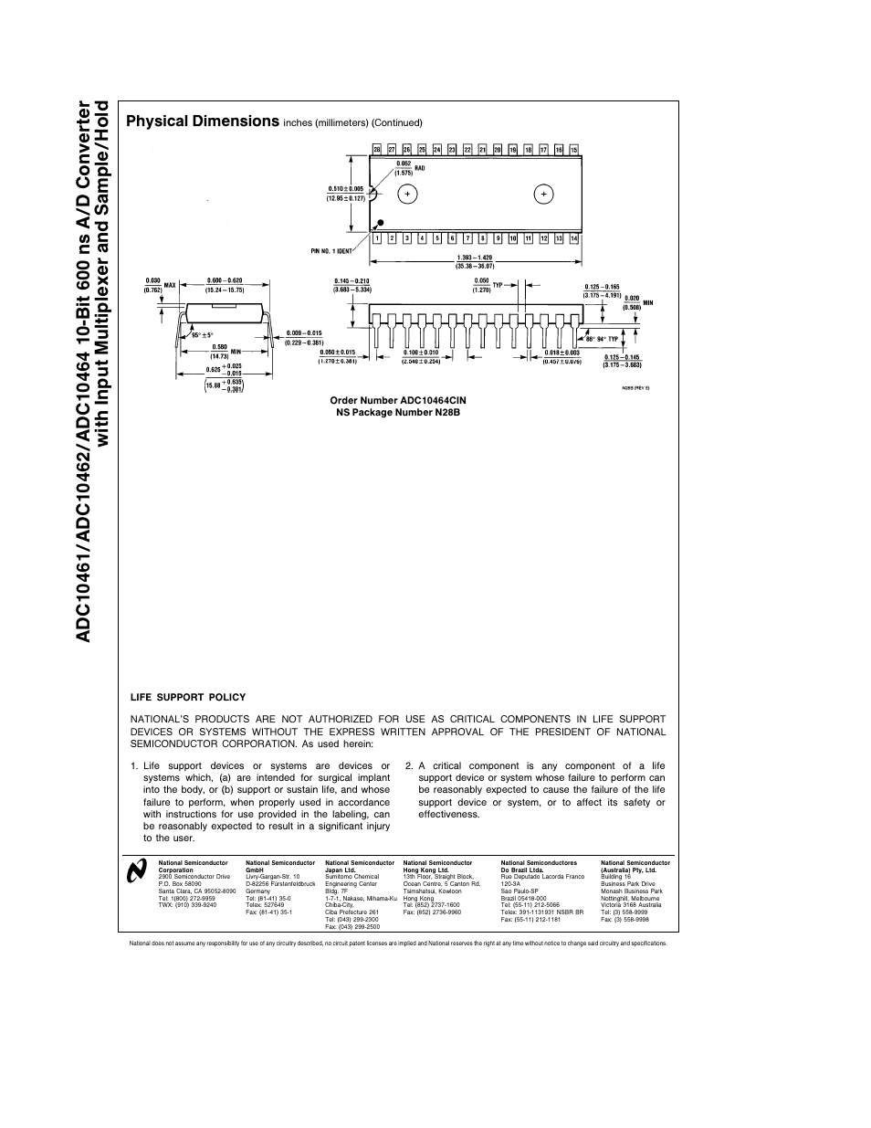 Physical dimensions | Rainbow Electronics ADC10464 User Manual | Page 18 / 18