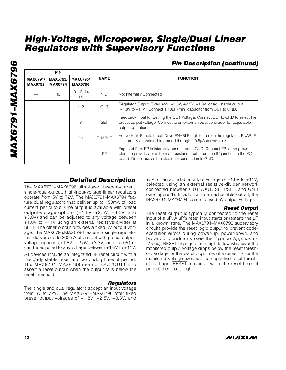 Detailed description, Pin description (continued) | Rainbow Electronics MAX6796 User Manual | Page 12 / 25