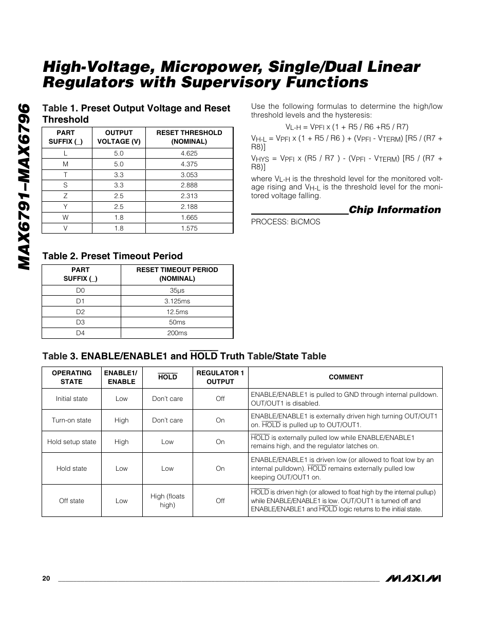 Chip information, Table 2. preset timeout period, Table 1. preset output voltage and reset threshold | Rainbow Electronics MAX6796 User Manual | Page 20 / 25