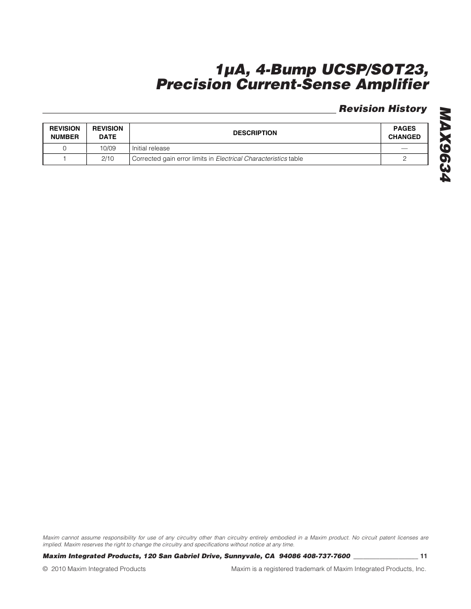 Revision history | Rainbow Electronics MAX9634 User Manual | Page 11 / 11