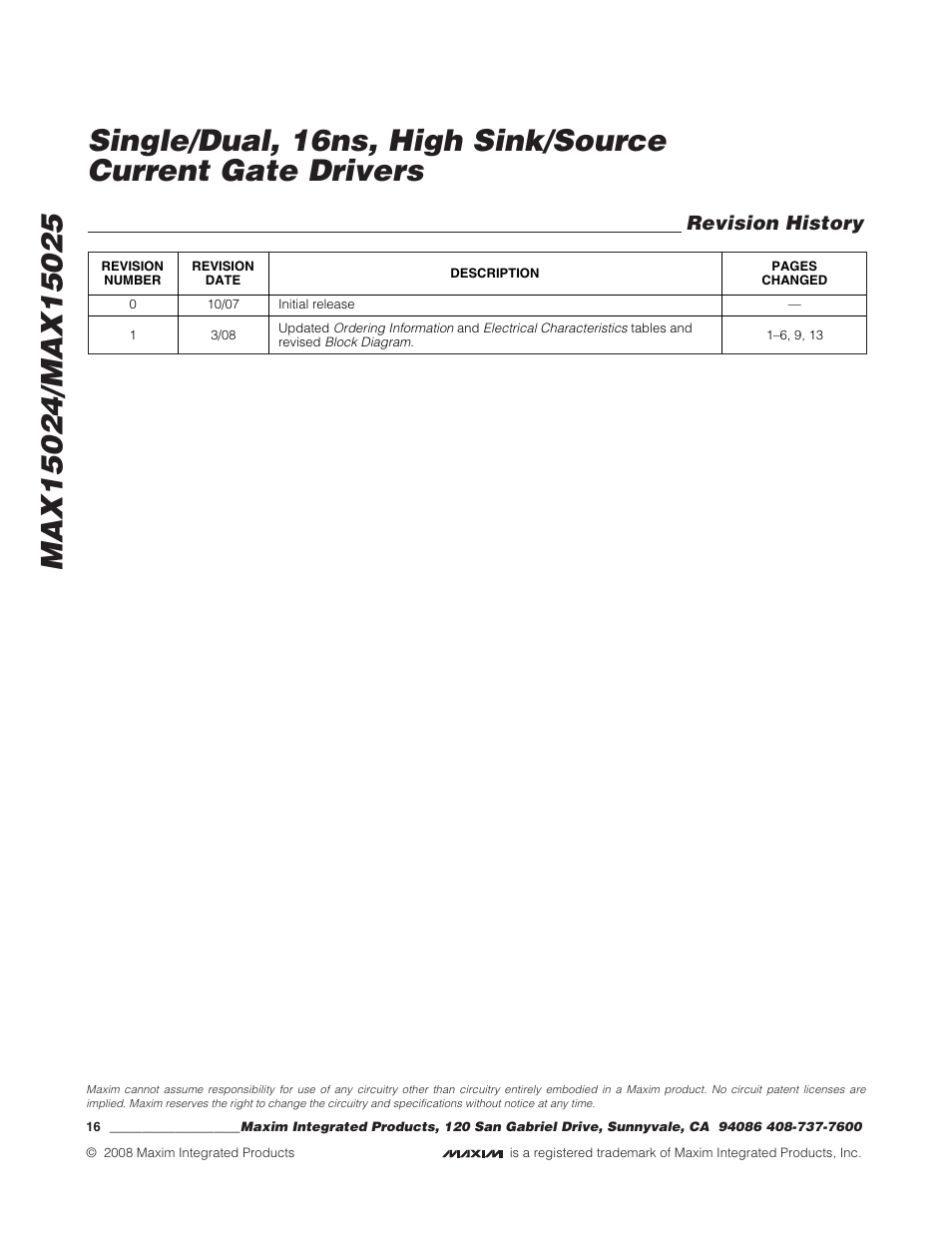 Revision history | Rainbow Electronics MAX15025 User Manual | Page 16 / 16