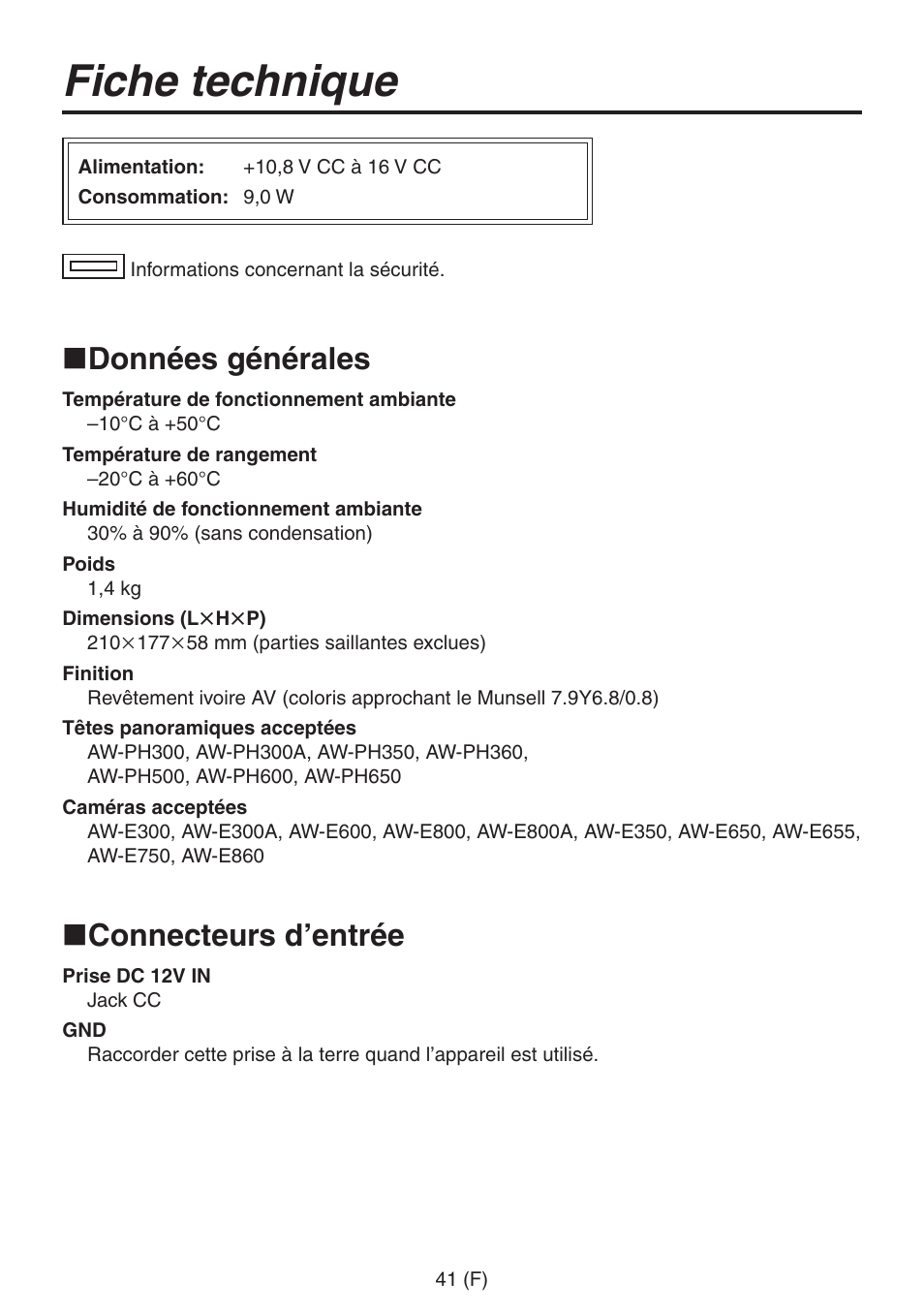 Fiche technique, Données générales, Connecteurs d’entrée | Panasonic AW-RP555 User Manual | Page 126 / 296