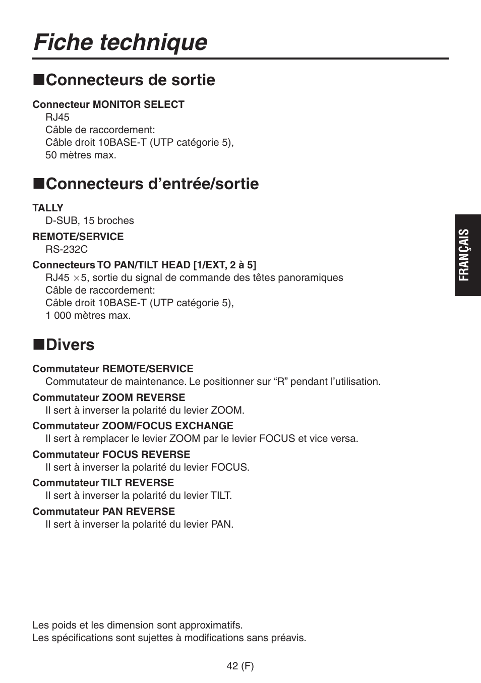 Fiche technique, Connecteurs de sortie, Connecteurs d’entrée/sortie | Divers | Panasonic AW-RP555 User Manual | Page 127 / 296