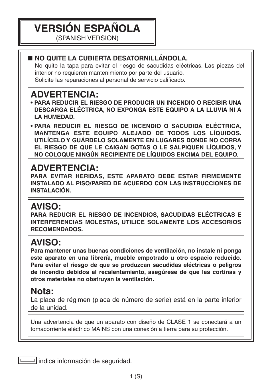 Spanish, Versión española, Advertencia | Aviso, Nota | Panasonic AW-RP555 User Manual | Page 170 / 296