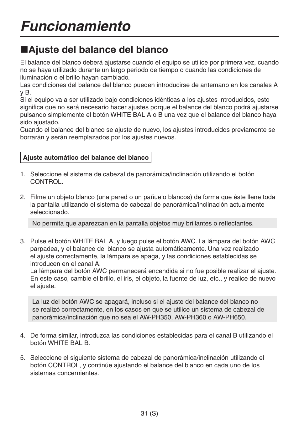 Funcionamiento, Ajuste del balance del blanco | Panasonic AW-RP555 User Manual | Page 200 / 296