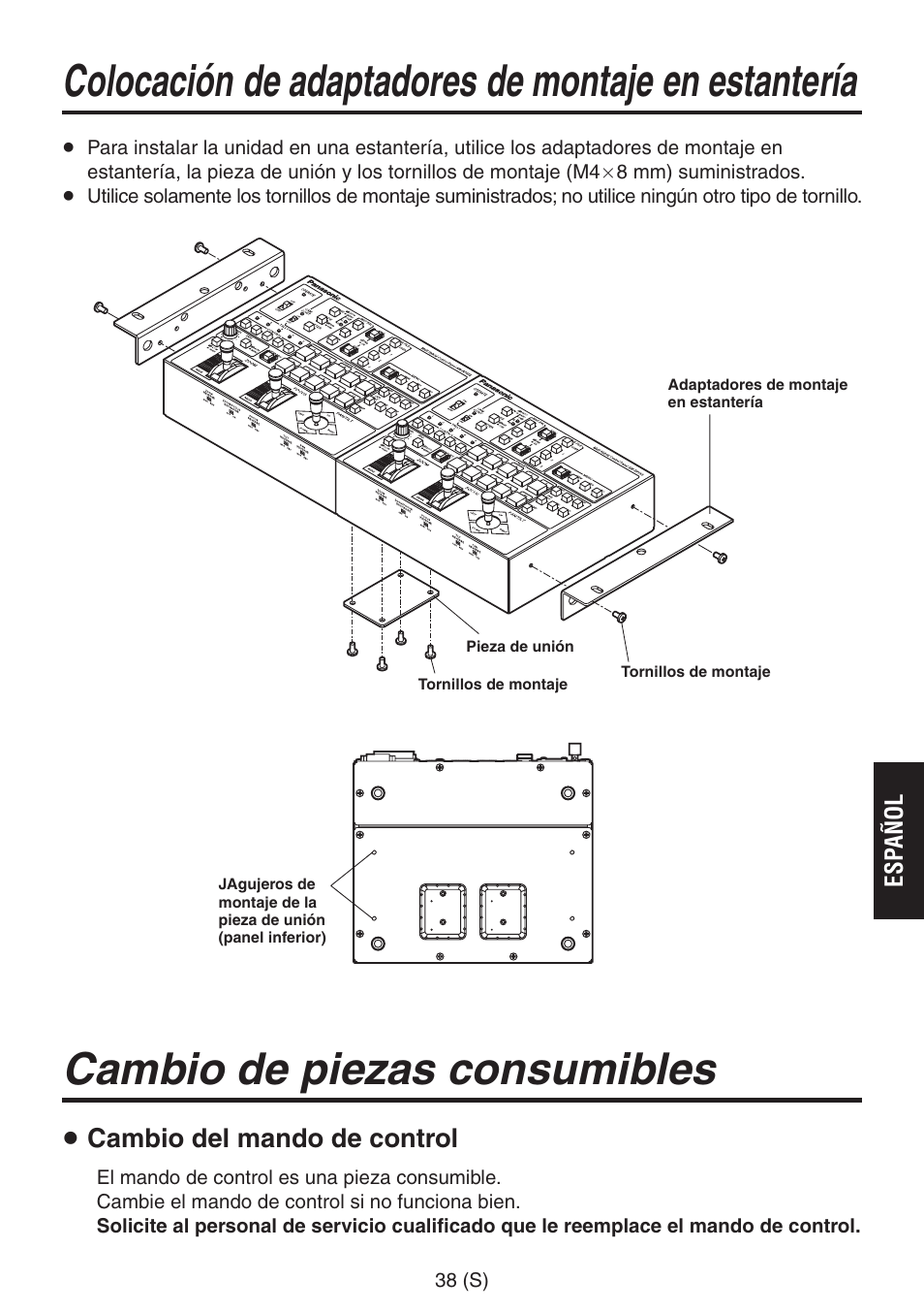 Colocación de adaptadores de montaje en estantería, Cambio de piezas consumibles, Cambio del mando de control | Panasonic AW-RP555 User Manual | Page 207 / 296