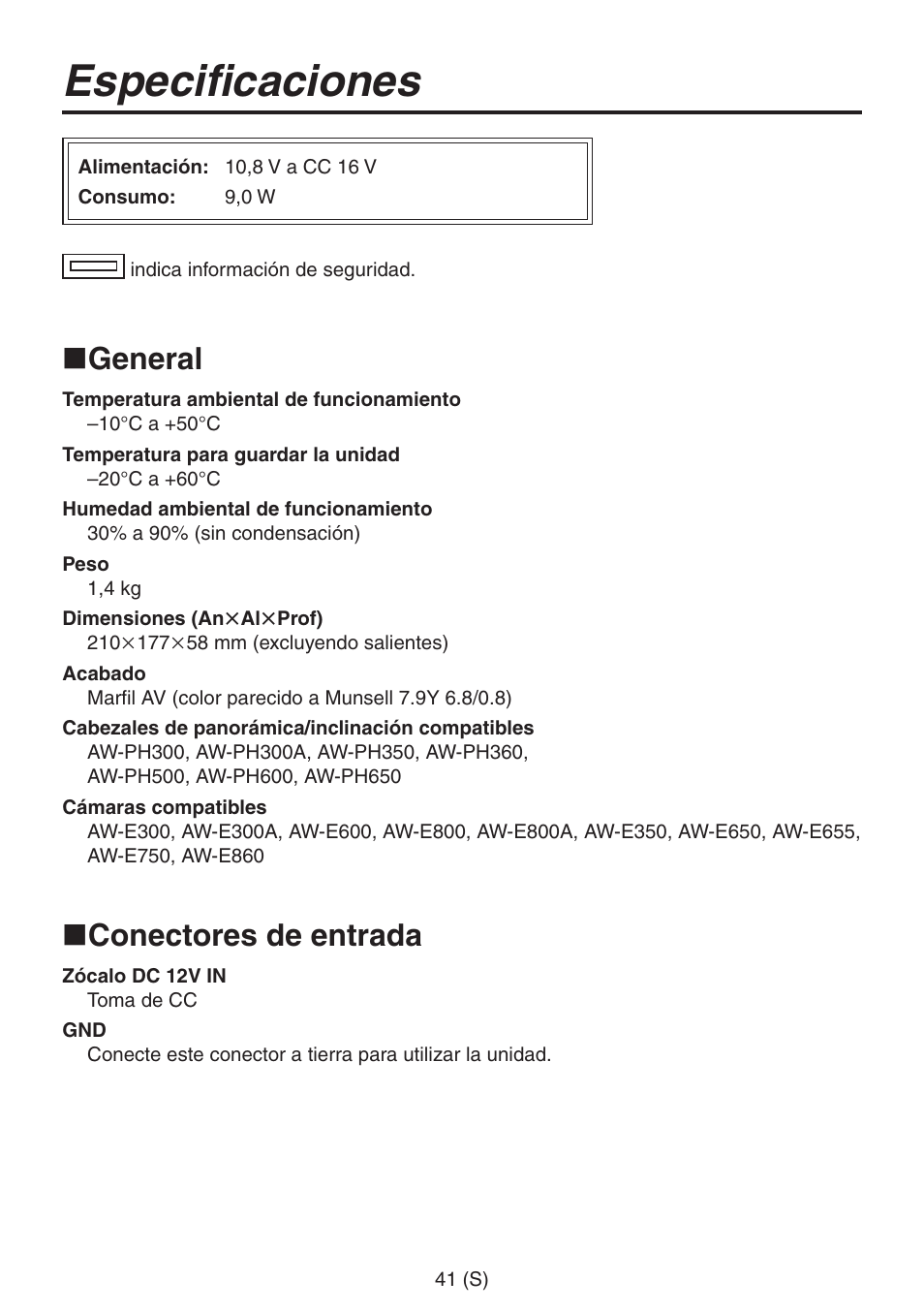 Especificaciones, General, Conectores de entrada | Panasonic AW-RP555 User Manual | Page 210 / 296