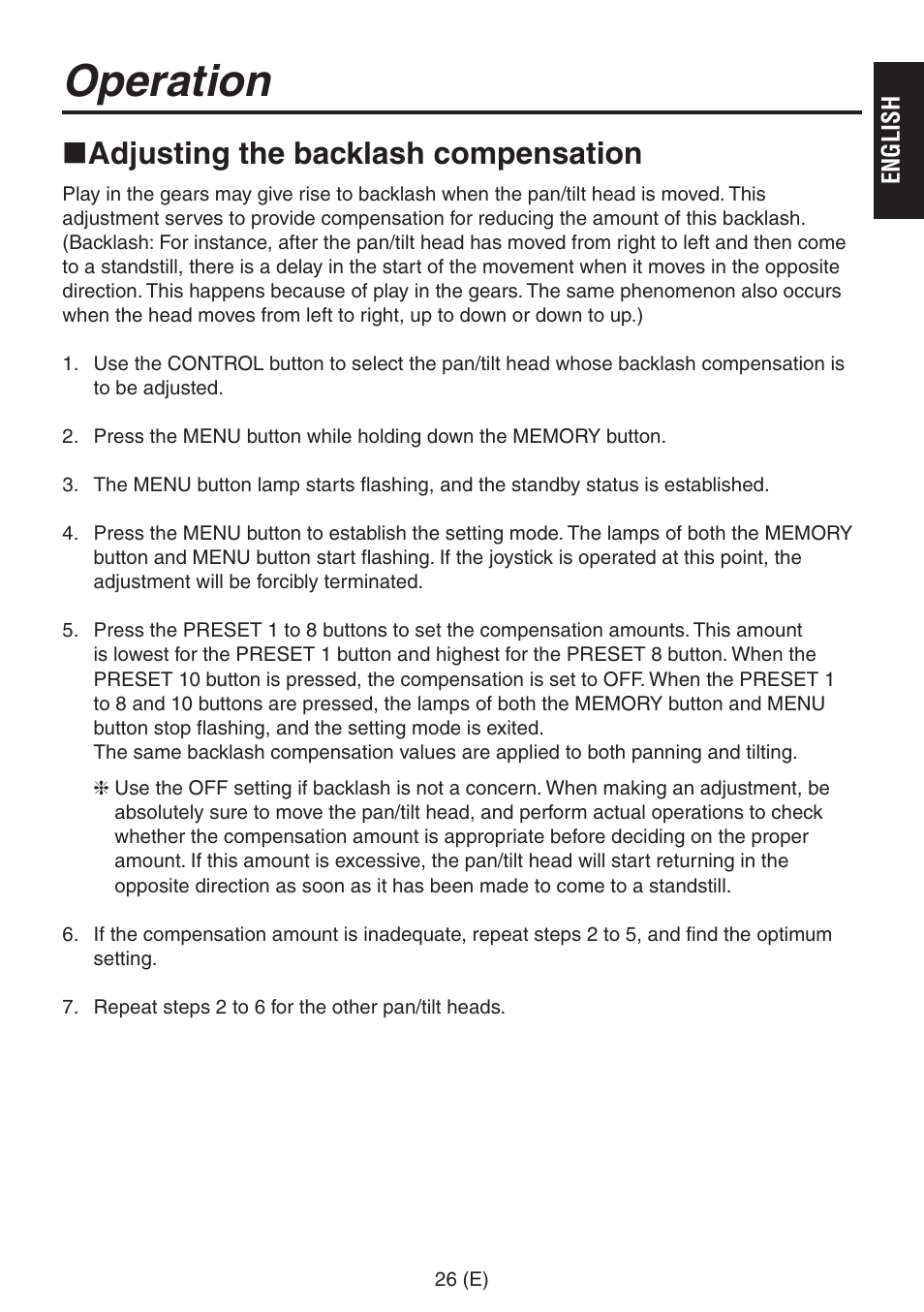 Operation, Adjusting the backlash compensation | Panasonic AW-RP555 User Manual | Page 27 / 296