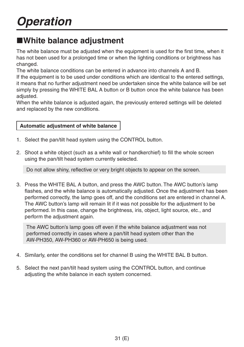 Operation, White balance adjustment | Panasonic AW-RP555 User Manual | Page 32 / 296