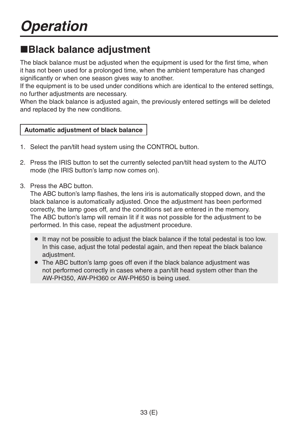 Operation, Black balance adjustment | Panasonic AW-RP555 User Manual | Page 34 / 296