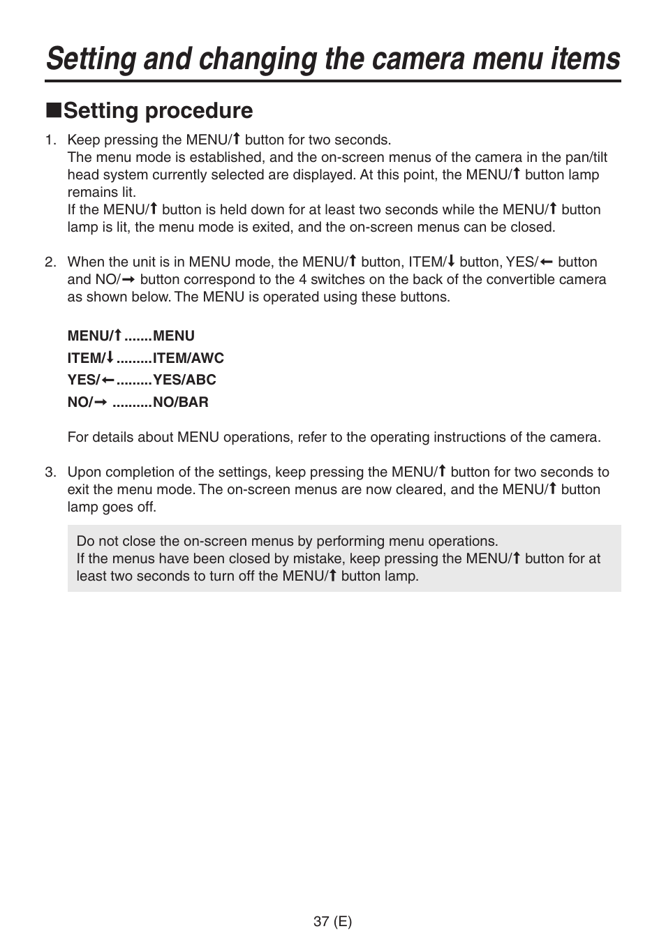 Setting and changing the camera menu items, Setting procedure | Panasonic AW-RP555 User Manual | Page 38 / 296