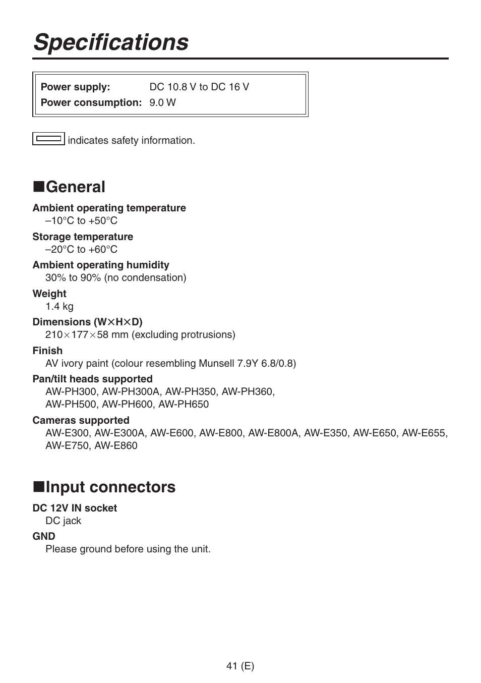 Specifications, General, Input connectors | Panasonic AW-RP555 User Manual | Page 42 / 296