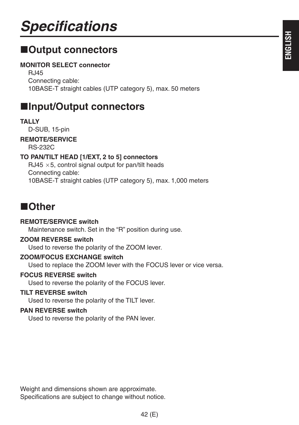 Specifications, Output connectors, Input/output connectors | Other | Panasonic AW-RP555 User Manual | Page 43 / 296