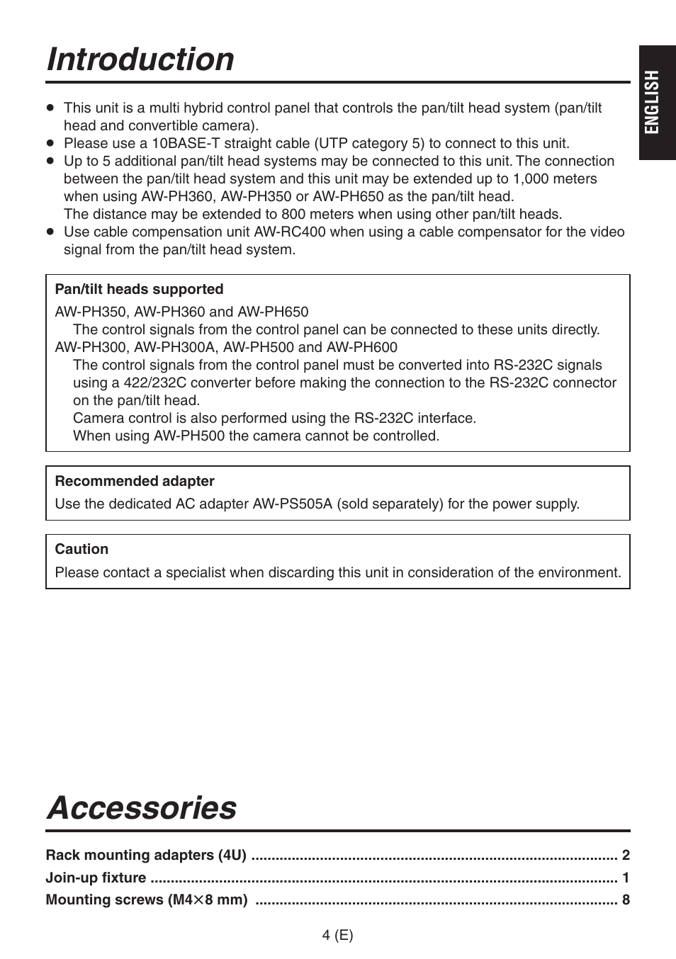 Introduction, Accessories | Panasonic AW-RP555 User Manual | Page 5 / 296