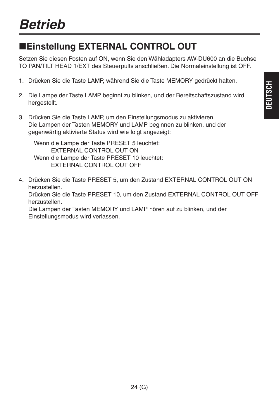 Betrieb, Einstellung external control out | Panasonic AW-RP555 User Manual | Page 67 / 296