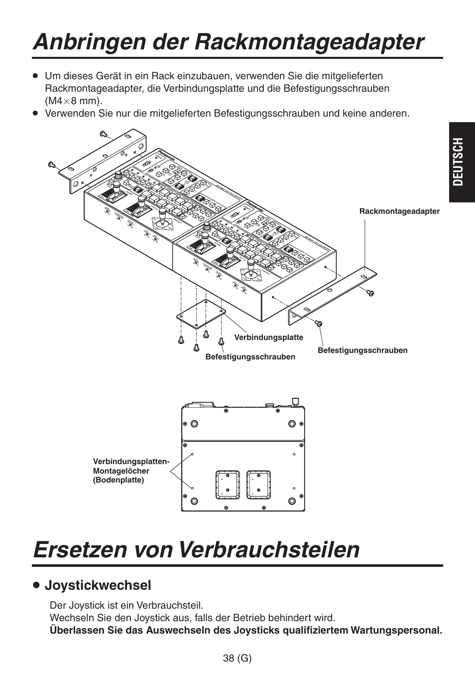 Anbringen der rackmontageadapter, Ersetzen von verbrauchsteilen, Joystickwechsel | Panasonic AW-RP555 User Manual | Page 81 / 296