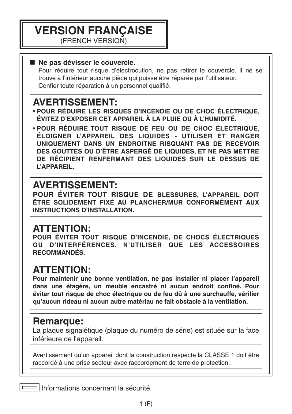 French, Version française, Avertissement | Attention, Remarque | Panasonic AW-RP555 User Manual | Page 86 / 296