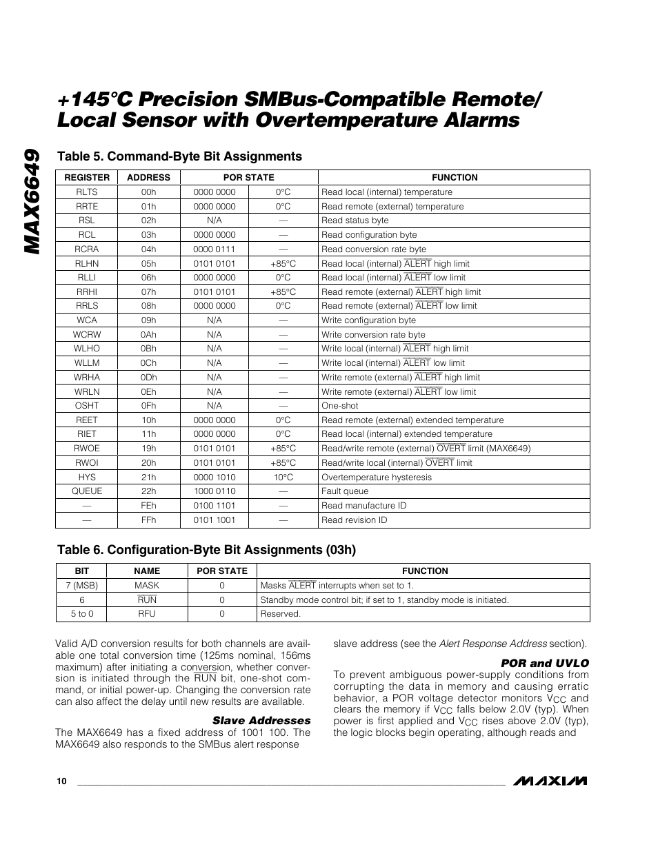 Table 5. command-byte bit assignments, Table 6. configuration-byte bit assignments (03h) | Rainbow Electronics MAX6649 User Manual | Page 10 / 15