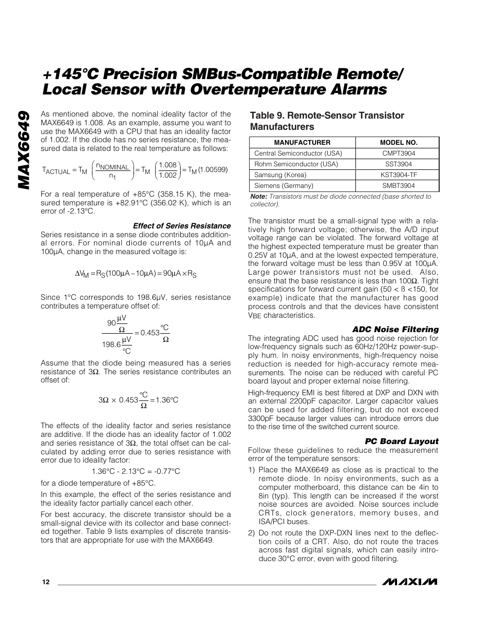 Table 9. remote-sensor transistor manufacturers | Rainbow Electronics MAX6649 User Manual | Page 12 / 15