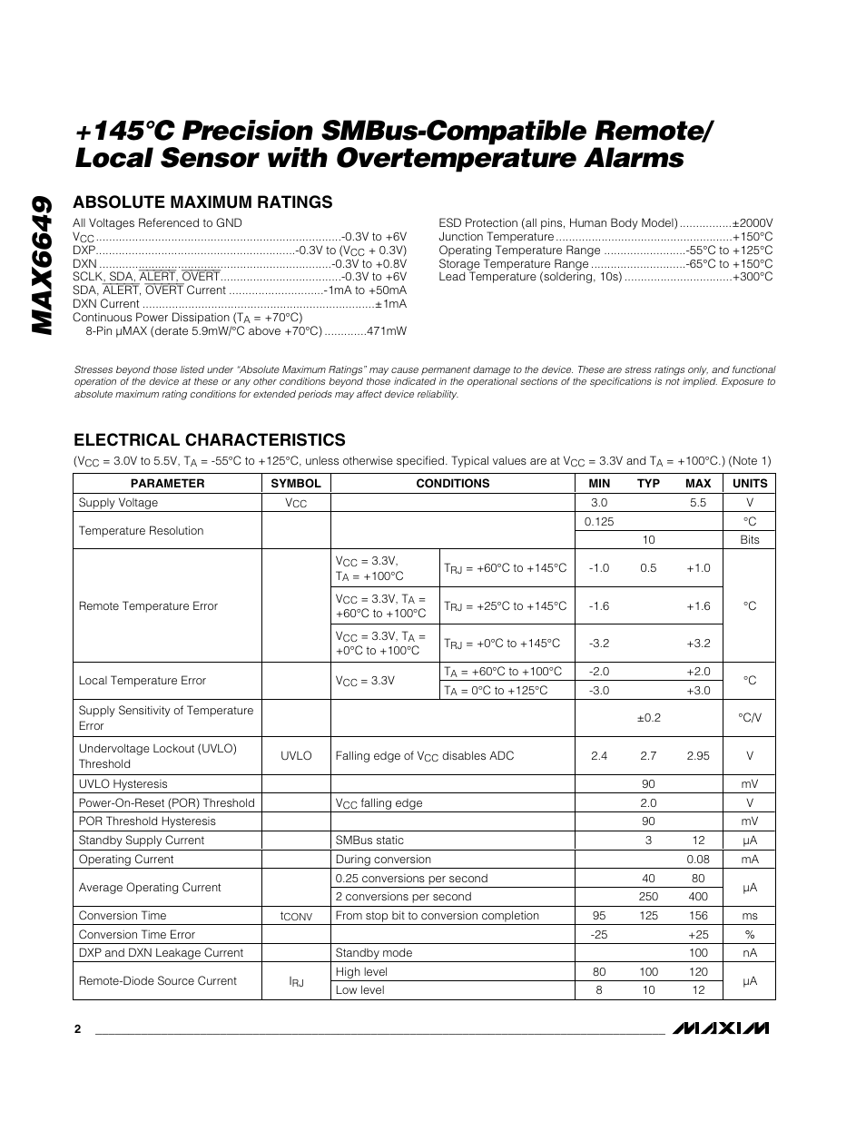 Absolute maximum ratings, Electrical characteristics | Rainbow Electronics MAX6649 User Manual | Page 2 / 15
