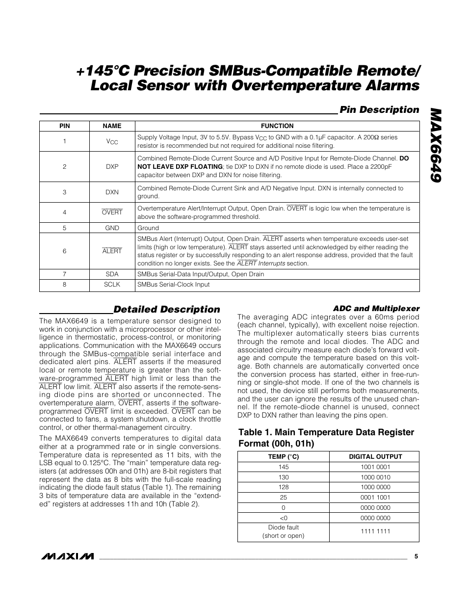 Detailed description, Pin description | Rainbow Electronics MAX6649 User Manual | Page 5 / 15