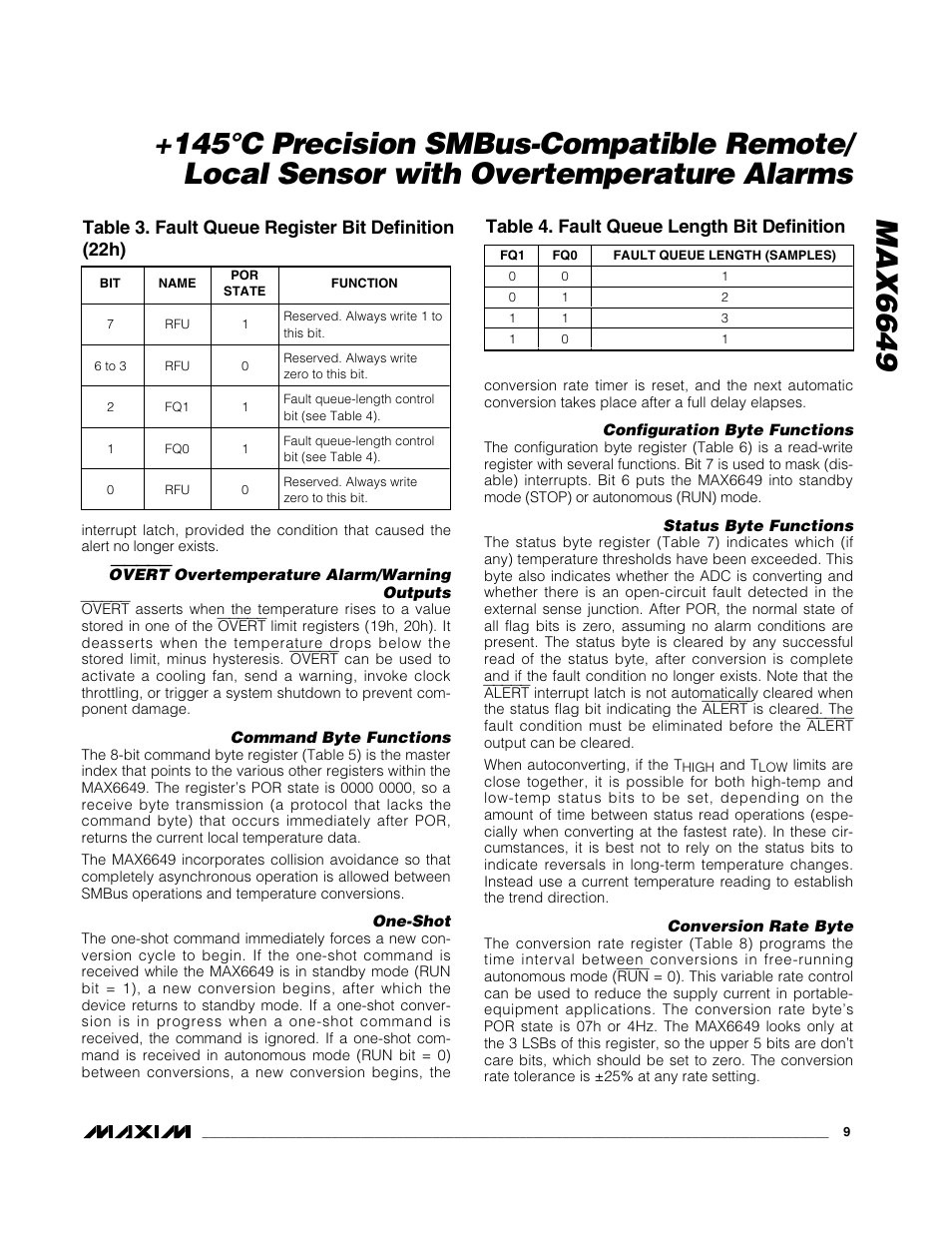 Table 3. fault queue register bit definition (22h), Table 4. fault queue length bit definition | Rainbow Electronics MAX6649 User Manual | Page 9 / 15