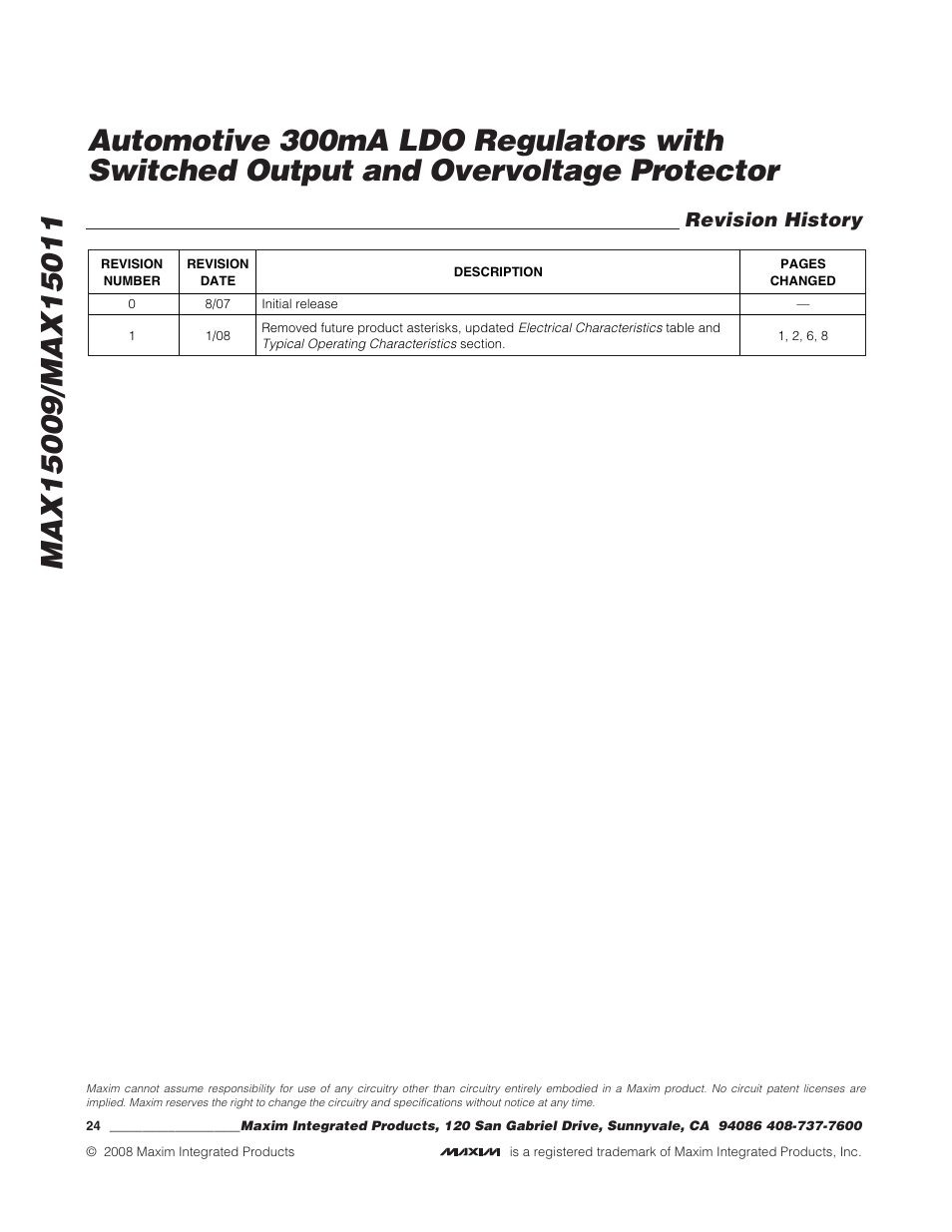 Revision history | Rainbow Electronics MAX15011 User Manual | Page 24 / 24