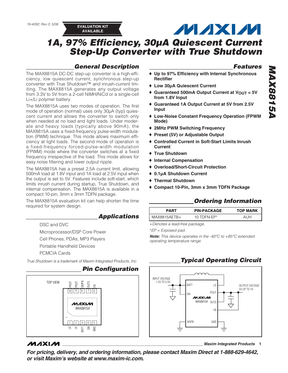 Rainbow Electronics MAX8815A User Manual | 12 pages