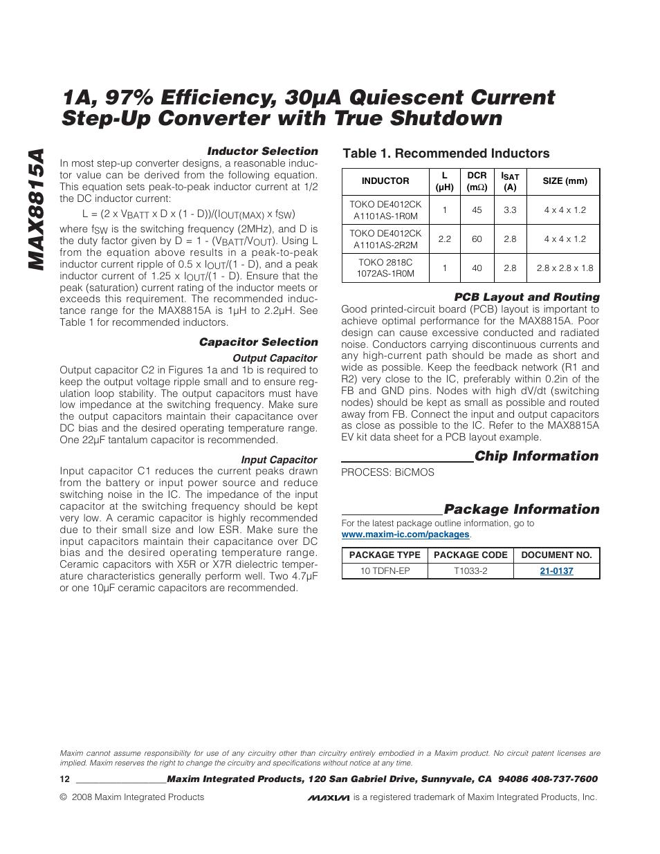 Chip information, Package information, Table 1. recommended inductors | Rainbow Electronics MAX8815A User Manual | Page 12 / 12