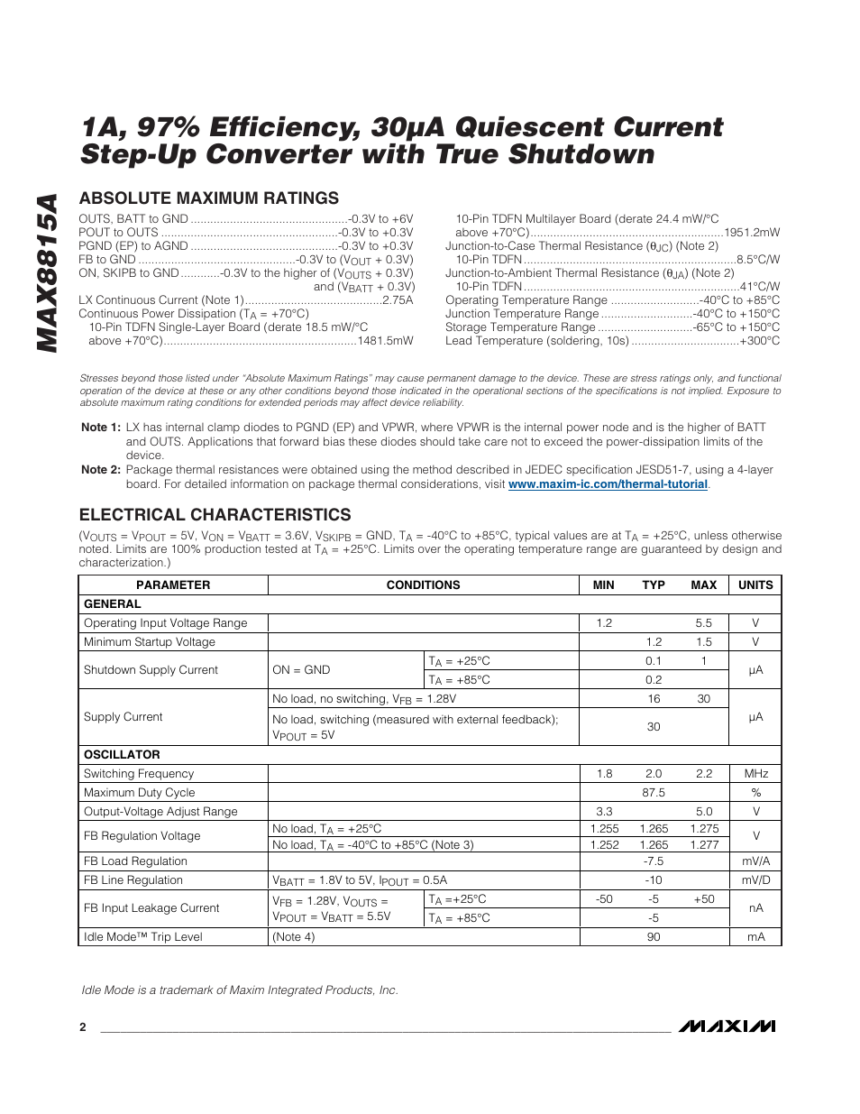 Electrical characteristics, Absolute maximum ratings | Rainbow Electronics MAX8815A User Manual | Page 2 / 12