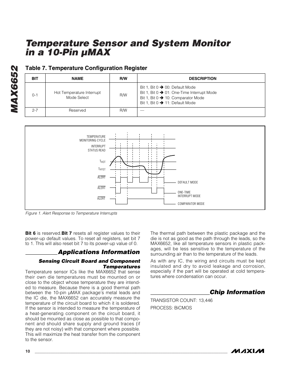 Applications information, Chip information, Table 7. temperature configuration register | Rainbow Electronics MAX6652 User Manual | Page 10 / 12