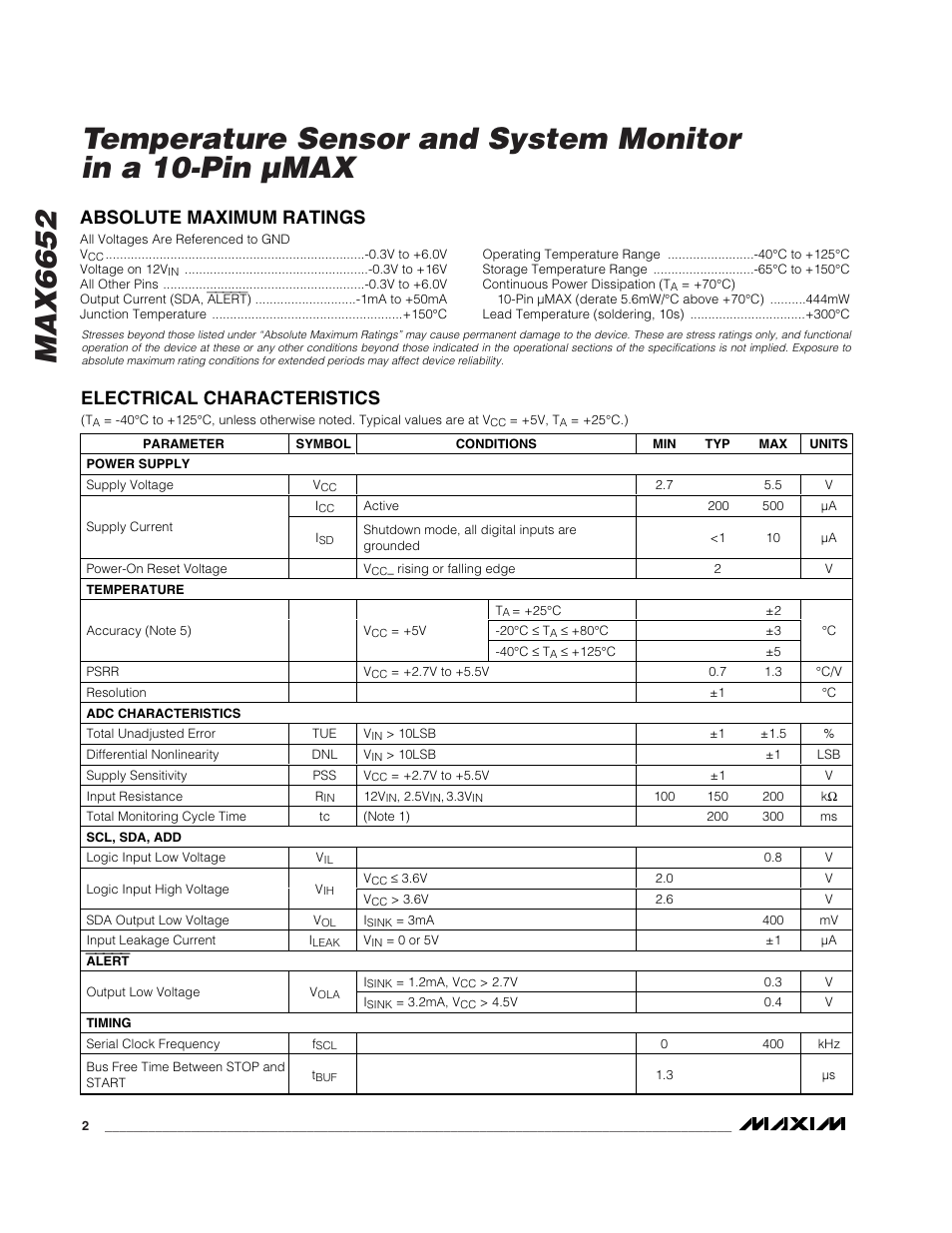 Electrical characteristics, Absolute maximum ratings | Rainbow Electronics MAX6652 User Manual | Page 2 / 12