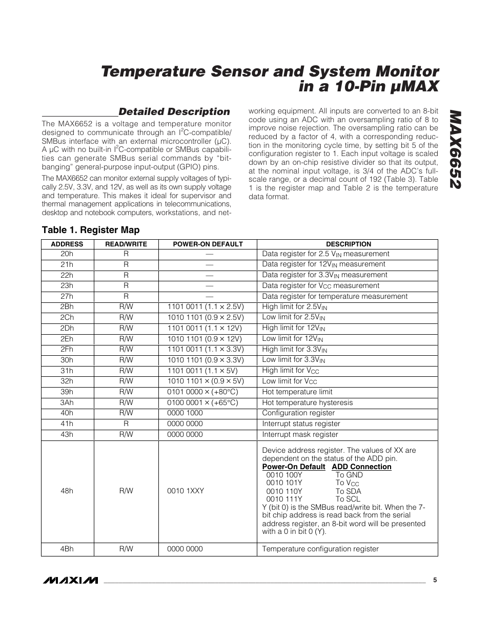 Detailed description, Table 1. register map | Rainbow Electronics MAX6652 User Manual | Page 5 / 12
