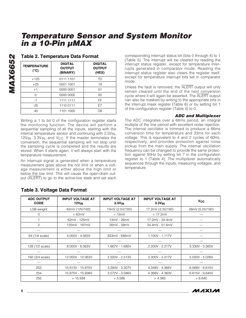 Max6652, Table 2. temperature data format, Table 3. voltage data format | Rainbow Electronics MAX6652 User Manual | Page 6 / 12