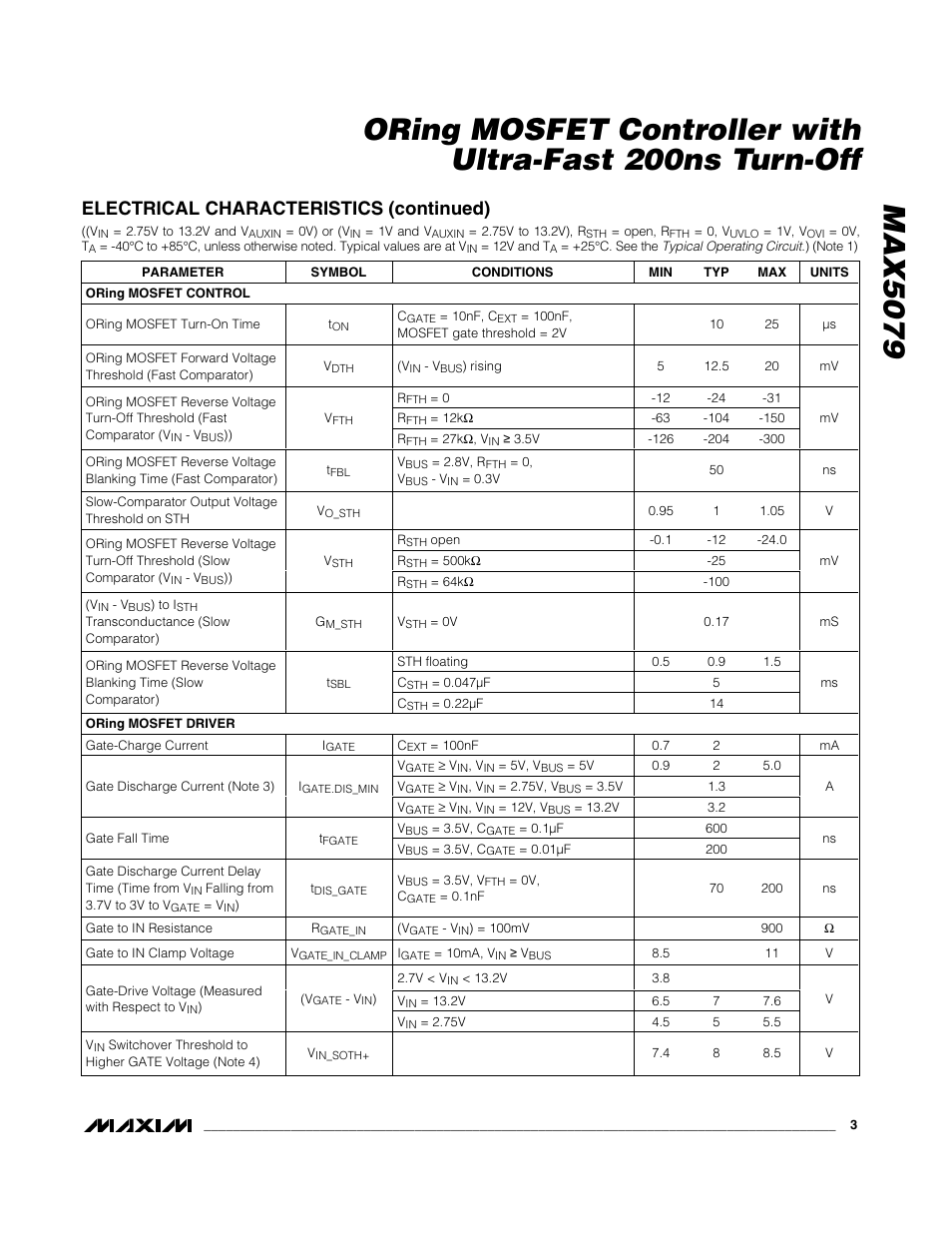 Electrical characteristics (continued) | Rainbow Electronics MAX5079 User Manual | Page 3 / 18