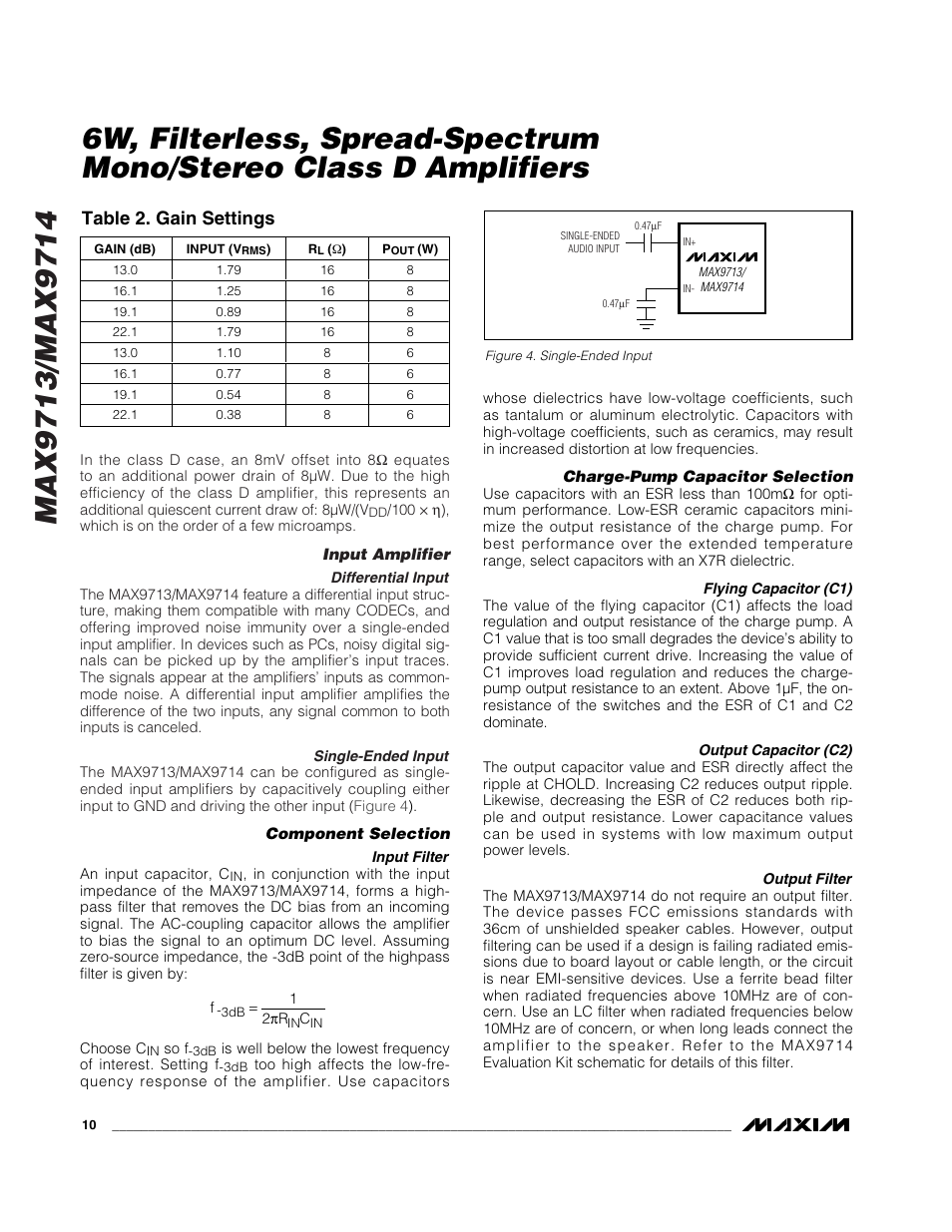 Table 2. gain settings | Rainbow Electronics MAX9714 User Manual | Page 10 / 18