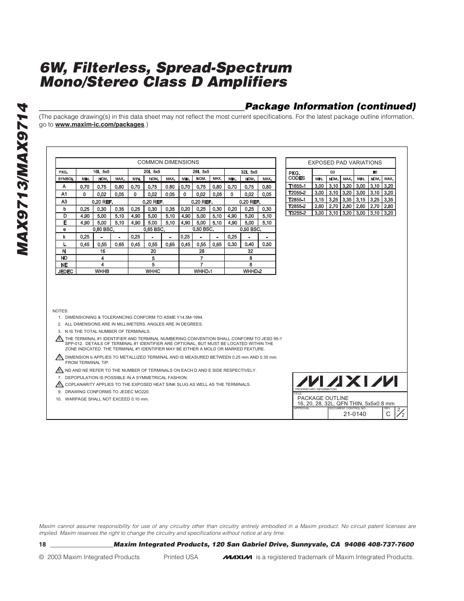 Package information (continued) | Rainbow Electronics MAX9714 User Manual | Page 18 / 18