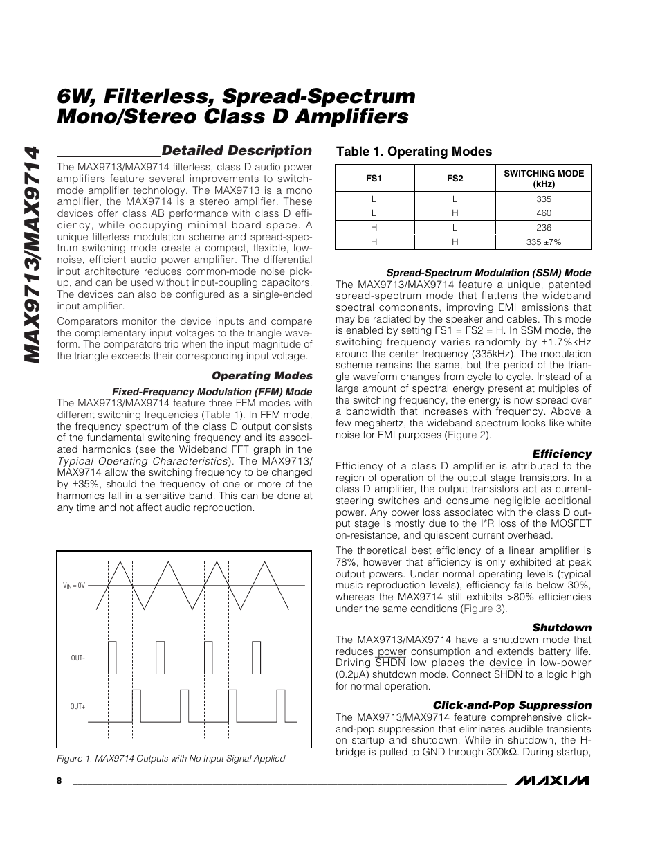 Detailed description, Table 1. operating modes | Rainbow Electronics MAX9714 User Manual | Page 8 / 18