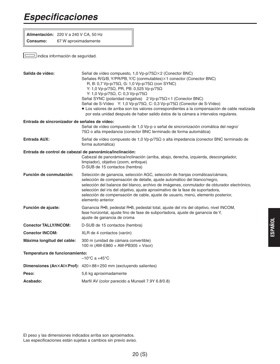 Especificaciones | Panasonic AW-RC600 User Manual | Page 101 / 124