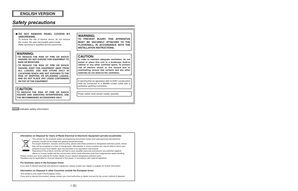 English, Safety precautions, English version | Warning, Caution | Panasonic AW-RC600 User Manual | Page 2 / 124