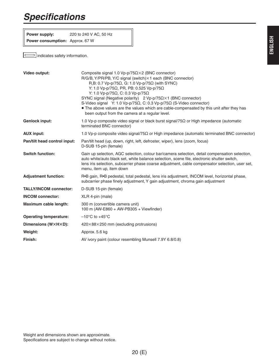 Specifications | Panasonic AW-RC600 User Manual | Page 21 / 124