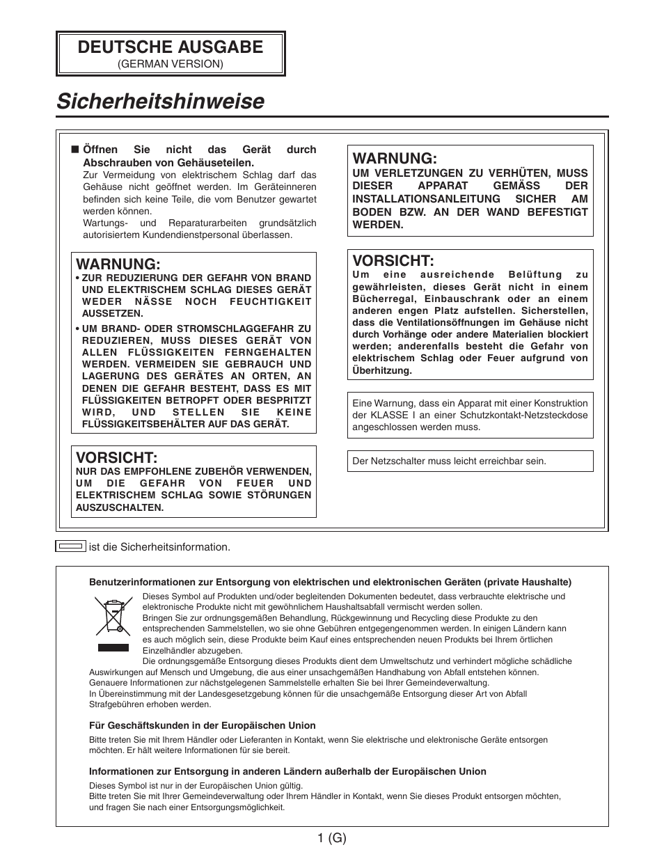 German, Sicherheitshinweise, Deutsche ausgabe | Warnung, Vorsicht | Panasonic AW-RC600 User Manual | Page 22 / 124