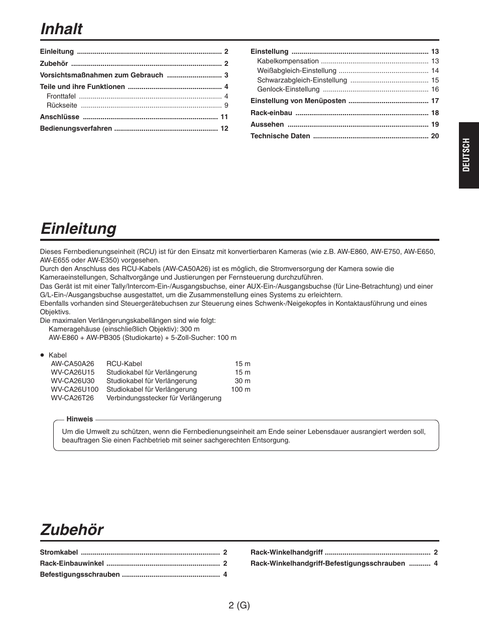 Inhalt einleitung zubehör | Panasonic AW-RC600 User Manual | Page 23 / 124