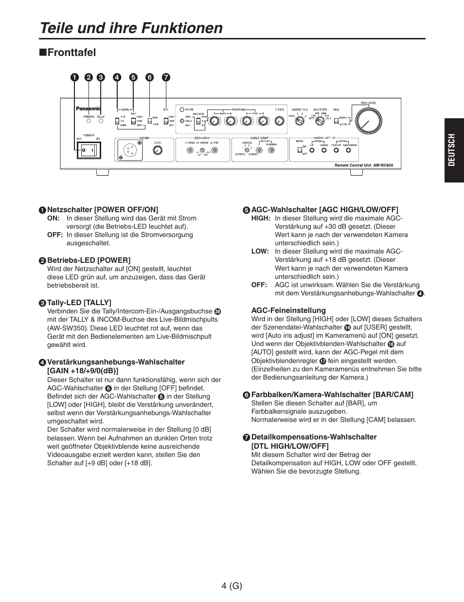 Teile und ihre funktionen, Fronttafel | Panasonic AW-RC600 User Manual | Page 25 / 124