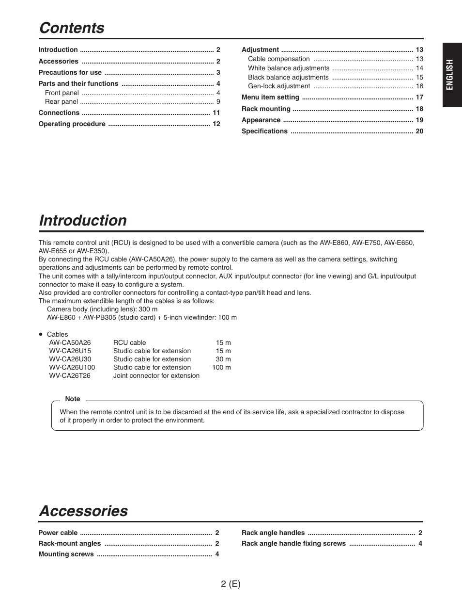 Contents introduction accessories | Panasonic AW-RC600 User Manual | Page 3 / 124